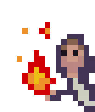 Pixel art image of a man with fire in his hand.