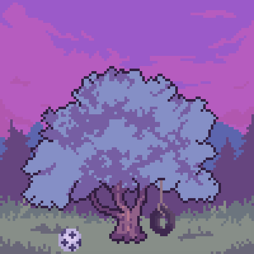 Image of a pixel art tree on a forested background.