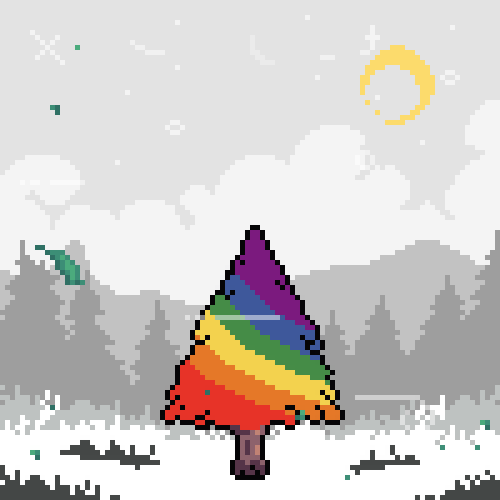Image of a pixel art tree on a forested background.